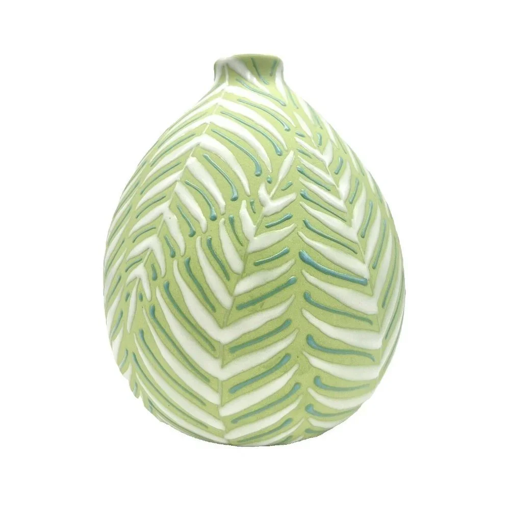 Crate and Barrel Leaf Vase Green and White with Enamel Fern Leaves Botanical - Picture 5 of 8